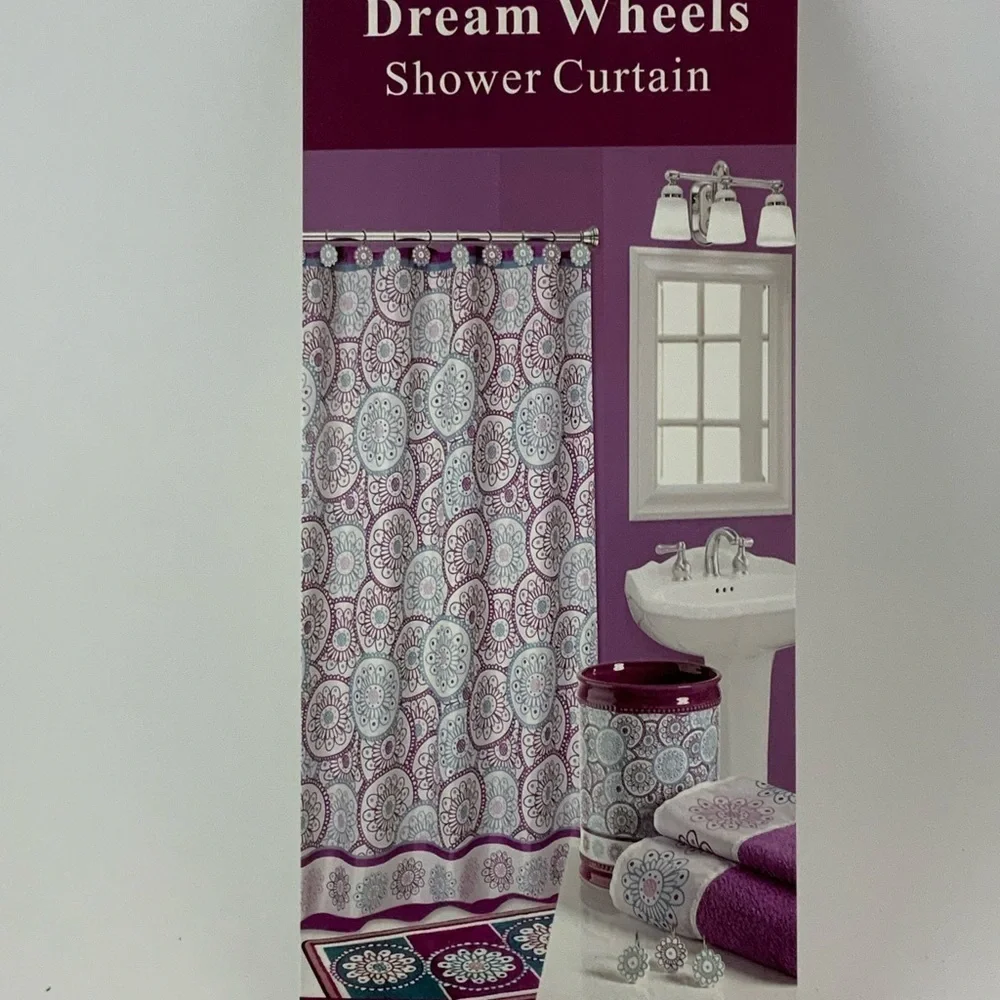 Dream Wheels Fabric Material Shower Curtain 70in X 72 in Purple Teal White